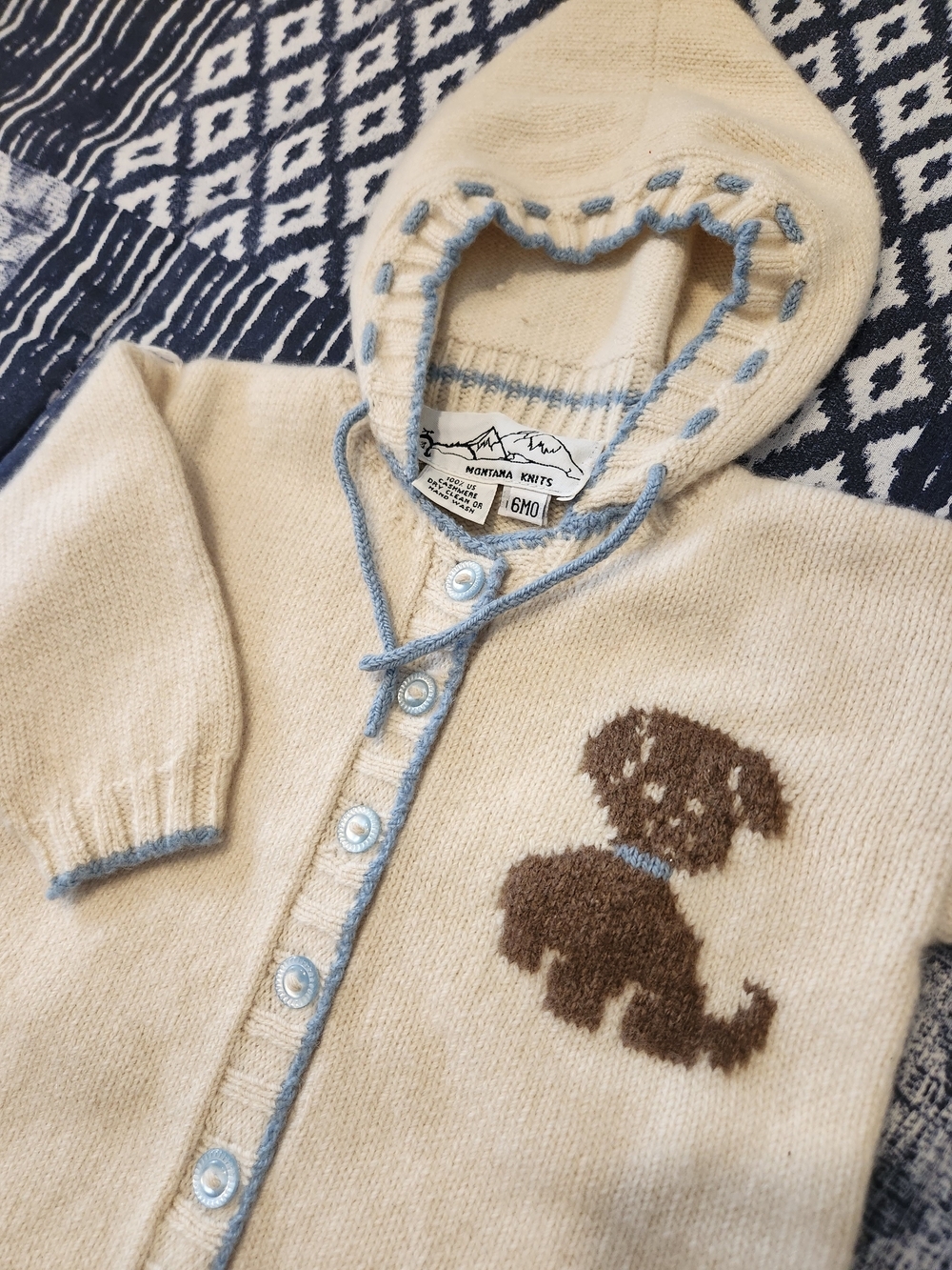 100% American Cashmere Cream & Blue Baby Hooded Bodysuit W/Puppy